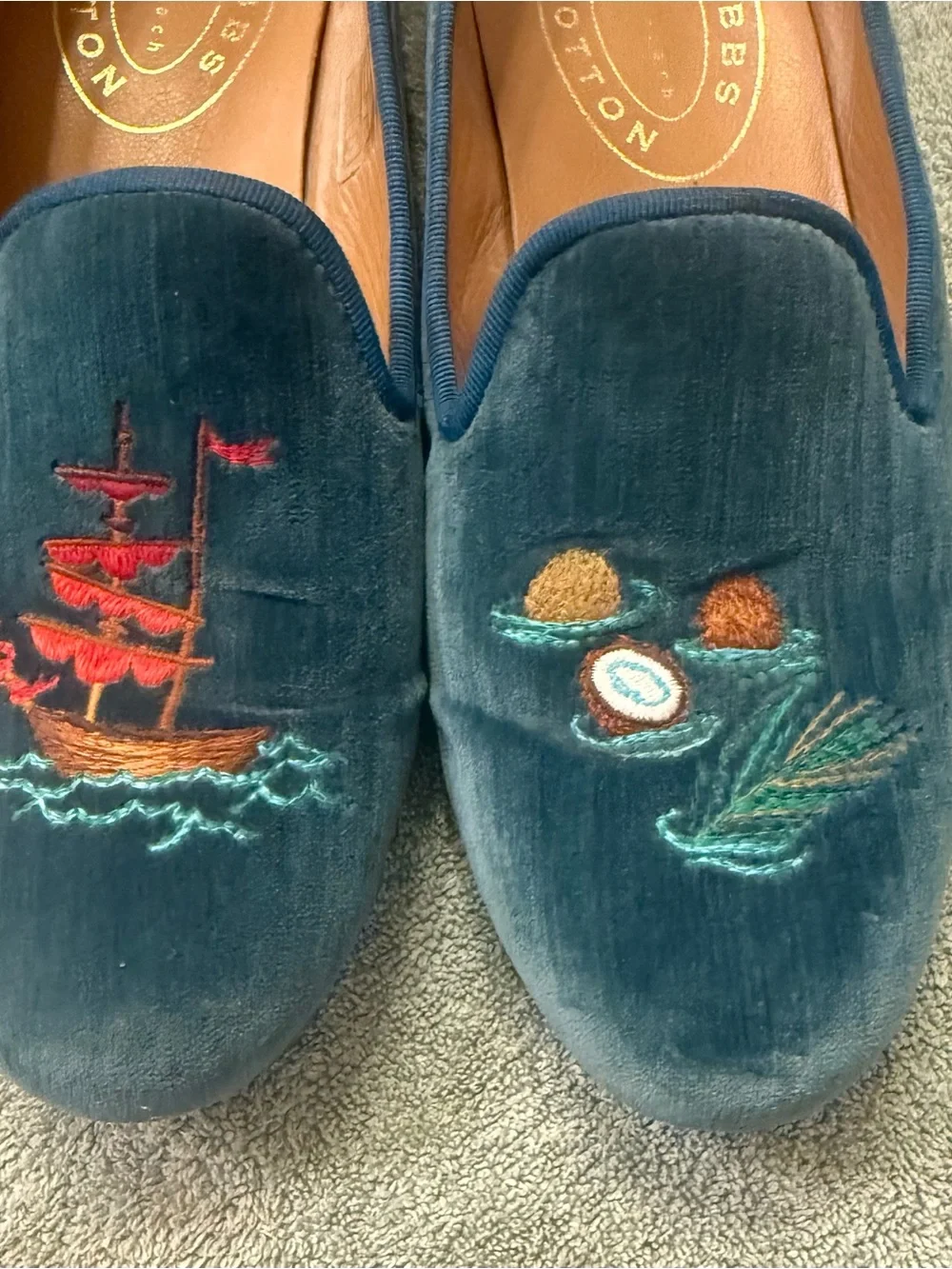 Stubbs & Wootton Blue Velvet Embroidered Smoking Loafers Men’s 9.5 Made Spain